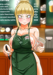 1girls alternate_hairstyle apron areolae big_breasts blonde_hair blush breasts eye_contact female hairbun high_resolution himiko_toga huge_breasts iced_latte_with_breast_milk lactating lactation large_breasts looking_at_viewer meme my_hero_academia name_tag nipples onisan_(artist) solo standing starbucks sweat thick_thighs thighs yellow_eyes