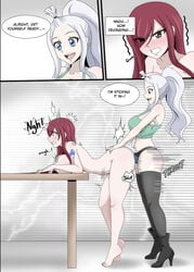 2girls ass bent_over blue_eyes breasts brown_eyes brown_hair comic doggy_style erza_scarlet fairy_tail female_penetrated female_penetrating female_penetrating_female ggc high_heel_boots high_heels mirajane_strauss multiple_girls oppai penetration red_hair standing standing_sex strap-on teasing vagina vaginal_penetration white_hair yuri yuri_sakazaki