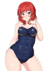 1girls belly_button big_breasts big_hips blush breasts female female_only hi_res high_resolution highres hips love_live! love_live!_school_idol_project mostly_clothed nishikino_maki one-piece_swimsuit purple_eyes red_hair shinonon shinonon_(iso_shino) solo thick_thighs thighs