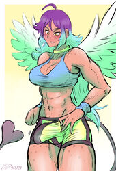 1futa 2021 abs ahoge alternate_version_at_source angel angel_wings balls big_balls big_penis blue_hair blush breasts bulge clara_(drykoops) clothed clothing dated erection erection_under_clothes freckles futa_only futanari humanoid humanoid_penis light-skinned_futanari mostly_clothed muscular muscular_futanari navel original_character pants pants_pull penis penis_under_clothes purple_hair shorts solo tail two_tone_hair videajames wings workout_clothes yellow_eyes