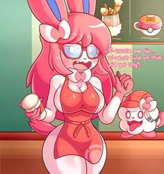 2021 absurd_res anthro beverage big_breasts blue_eyes blue_sclera blush breasts clothed clothing coffee coffee_cup cup dessert digital_media_(artwork) eeveelution embarrassed english_text eyewear female food fur glasses hair hat headgear headwear hi_res holding_cup holding_object iced_latte_with_breast_milk javisylveon_(mintyspirit) looking_at_viewer marker meme mintyspirit nerd nintendo open_mouth pink_hair pokémon_(species) pokemon pokemon_cafe_mix red_clothing red_eyewear red_glasses red_hat red_headwear ribbons smile starbucks swirlix sylveon text thick_thighs video_games white_body white_fur wide_hips