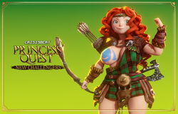 3d archery armor axe big_breasts blue_eyes body_paint bodypaint bow_(weapon) brave breasts casual clothing crisisbeat disney disney_princess female full_body human jewelry long_hair merida nipples nude_male one_breast_out pale_skin pixar princess_quest red_hair scottish smile sole_female tartan tartan_clothing teen text weapon