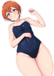 1girls belly_button blush breasts female female_only flat_chest hi_res high_resolution highres hips hoshizora_rin huge_thighs love_live! love_live!_school_idol_project one-piece_swimsuit orange_hair shinonon shinonon_(iso_shino) small_breasts thick_thighs thighs very_short_hair yellow_eyes