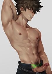 1boy abs black_eyes black_hair curved_penis erection kzhma male male_only my_hero_academia painting_(artwork) penis penis_through_fly pose pubes shindou_you solo solo_male yo_shindo