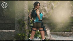 1girls 3d ass booty_shorts clothing eyewear female female_focus female_only firearm footwear handgun handwear hi_res highres lara_croft lara_croft_(classic) looking_over_eyewear looking_over_glasses looking_over_sunglasses red-tinted_eyewear solo sunglasses tagme theceltic tinted_eyewear tomb_raider weapon