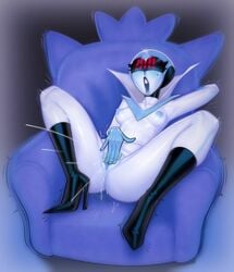 blue_skin blush blushing boots chair cumming deltarune deltarune_chapter_2 derek_hetrick digital_media_(artwork) female_masturbation grinning heel_boots high_heel_boots high_heels leather_boots masturbation medium_breasts naked_heels orgasm queen_(deltarune) robot shaking squirting white_skin