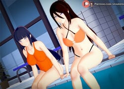 2girls 3d bare_arms bare_legs bikini bikini_bottom bikini_top blue_hair blush boruto:_naruto_next_generations brown_hair cleavage female female_focus female_only fully_clothed hyuuga_hanabi hyuuga_hinata koikatsu large_breasts long_hair looking_at_viewer nail_polish naruto naruto_(series) naruto_shippuden one-piece_swimsuit orange_bikini orange_swimsuit otsukira painted_nails pink_nail_polish pink_nails ponytail revealing_clothes shounen_jump siblings sisters smile smiling swimming_pool swimsuit thighs thong thong_bikini tied_hair tight_clothing violet_eyes voluptuous wide_hips