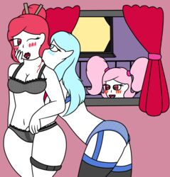 aby_(zaftero) aiko_(zaftero) anthro being_watched bite bitting_neck blood blue_eyes blue_hair blush incest lesbian lingerie lipstick pink_hair red_eyes sisters vampire white_skin yuri zaftero_(artist)