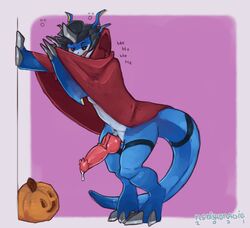 2021 absurd_res anthro bandai_namco black_hair blue_body blue_scales bodily_fluids bubble cape cape_only claws clothing costume digimon digimon_(species) dripping drunk drunk_bubble erection finger_claws flamedramon food fruit genital_fluids genitals grey_claws grey_horn hair hi_res horn jack-o'-lantern knot laugh leaning leaning_on_wall male male_only mostly_nude multicolored_body multicolored_scales open_mouth penile_spines penis pink_background pink_knot pink_penis pink_tongue plant precum precum_drip pumpkin red_cape red_eyes redponei scales signature simple_background solo standing substance_intoxication teeth toe_claws tongue two_tone_body two_tone_scales vampire_costume vein veiny_knot veiny_penis white_background white_body white_scales