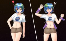 2020s 2021 blue_hair brown_eyes brown_shorts collarbone crop_top denim_shorts disembodied_hands earth-chan grabbing_wrists grinning hand_on_hip medium_breasts midriff navel one_eye_closed panels short_sleeves shorts thighs tickling tomboy trembling white_shirt