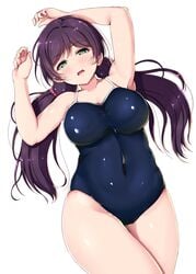 1girls armpits bbw belly_button big_breasts breasts cameltoe chubby chubby_female female female_only green_eyes hi_res high_resolution highres love_live! love_live!_school_idol_project one-piece_swimsuit purple_hair shinonon shinonon_(iso_shino) thick_thighs thighs toujou_nozomi