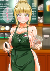 1girls alternate_hairstyle apron areolae big_breasts blonde_hair blush breasts eye_contact female high_resolution himiko_toga huge_breasts iced_latte_with_breast_milk large_breasts looking_at_viewer meme my_hero_academia nipples onisan_(artist) solo speech_bubble standing sweat text thick_thighs thighs translation_request