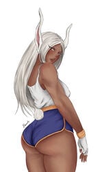 1girls ass bawdy breasts bunny_ears eye_contact female gloves long_hair looking_at_viewer miruko my_hero_academia red_eyes rumi_usagiyama shorts solo standing thick_thighs thighs white_background white_hair