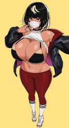 1girls 2021 alternate_version_available bare_shoulders belly big_breasts bikini bikini_top breasts cleavage collarbone drogod_(artist) female female_focus female_only jacket looking_at_viewer mask mouth_mask navel open_jacket original original_character pants red_eyes red_pants red_yoga_pants shirt shirt_lift shirt_up short_hair sleeveless_shirt socks solo solo_female solo_focus tan tan_body tan_skin tanned tanned_skin thick_thighs thighs tight_pants two_tone_hair white_socks yellow_background yoga_pants