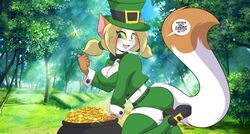 1girls 2019 anthro ass big_ass big_breasts blonde_hair breasts cleavage feline female female_only furry las_lindas leg_up looking_at_viewer mastergodai pot pot_of_gold sarah_silkie solo speech_bubble st._patrick's_day tail text thick_thighs white_fur yellow_sclera