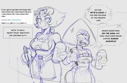 2girls angry apron big_breasts big_hips blush cartoon_network embarrassed english_text gem_(species) iced_latte_with_breast_milk ink01 inkbloto leaddrill meme naked_apron pearl_(steven_universe) peridot_(steven_universe) steven_universe text