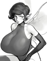 alternate_breast_size angry artist_request big_breasts black_and_white breasts_bigger_than_head fairy female megami_tensei monochrome pixie_(megami_tensei) shin_megami_tensei short_hair thick_thighs thighhighs unknown wings