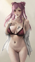 1girls argilla big_breasts bottomless bra breast_tattoo breasts digital_devil_saga female female_only hourglass_figure janggun large_breasts looking_at_viewer megami_tensei pink_eyes pink_hair pubic_hair pussy scar tattoo tattoo_on_breast thick_thighs vagina wet wide_hips