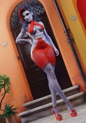 1girls 3d abs heels hourglass_figure long_hair nail_polish noahgraphicz overwatch red_dress red_hair red_nail_polish red_nails short_dress widowmaker