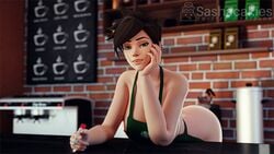 1girls 3d apron barista bent_over bent_over_table blender blizzard_entertainment brown_hair chin_rest clothing fast_food female_only iced_latte_with_breast_milk light-skinned_female looking_at_viewer medium_breasts meme naked_apron nipple_slip nipples outerwear overwatch partially_clothed pinup sashacakies short_hair solo solo_focus standing starbucks tracer uniform