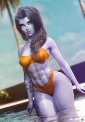 1girls 3d abs big_breasts bikini breasts female female_only hourglass_figure long_hair muscular_female navel_piercing noahgraphicz orange_bikini overwatch pool purple_hair purple_skin skimpy_bikini solo swimsuit tattoo thick_thighs wide_hips widowmaker