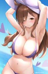 1girls ahoge bangs bare_shoulders bikini blush breasts brown_eyes brown_hair cleavage collarbone female female_focus female_only hair_over_one_eye hat highres jam_pentail jampen kono_subarashii_sekai_ni_shukufuku_wo! large_breasts light-skinned_female light_skin long_hair looking_at_viewer navel purple_bikini purple_bikini_bottom purple_bikini_top solo swimsuit wiz_(konosuba)