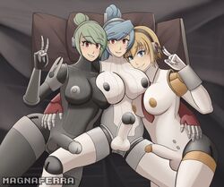 3futas aegis_(persona) aigis_(persona) areolae atlus balls big_breasts big_penis breasts casual erection futa_only futanari gynoid gynomorph humanoid humanoid_penis labrys looking_at_viewer machine magna_ferra nipples nude penis persona persona_3 persona_4 persona_4_arena pillow red_eyes robot robot_girl self_upload unit_024 v wide_hips