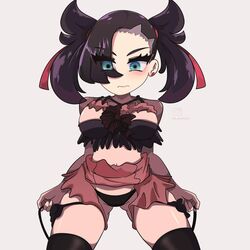 black_hair blue_eyes cute earrings embarrassed eyelashes eyes_visible_through_hair game_freak hair_ribbon lingerie marnie_(pokemon) nintendo panties pokemon pokemon_ss ribbons ripped_clothing shaved_pussy the_michi45 thick_thighs thigh_gap thighhighs twintails wide_hips