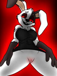 4n0nym0u5 anthro black_background black_dress breasts bunny_ears bunny_girl cute dress dress_lift excited five_nights_at_freddy's five_nights_at_freddy's:_security_breach furry horny looking_at_viewer no_panties pussy rabbit red_eyes self_upload smile solo standing thick_thighs touching_thigh vanny vanny_(fnaf) viewed_from_below white_body