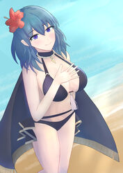 1girls alternate_costume bikini black_bikini black_swimsuit blue_eyes breasts byleth_(fire_emblem) byleth_(fire_emblem)_(female) byleth_(summer)_(fire_emblem)_(female) capr cleavage fire_emblem fire_emblem:_three_houses fire_emblem_heroes flower hair_flower large_breasts looking_at_viewer medium_hair nintendo official_alternate_costume red_flower ryokuchabushi samuraigreentea smile solo swimsuit teal_hair