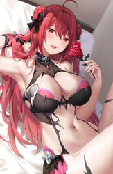 1girls ahoge armpits arms_up bare_shoulders bed blush breasts cleavage erze_(kings_raid) fangs female flower highres kings_raid large_breasts long_hair looking_at_viewer midriff navel pillow red_eyes red_hair revealing_clothes rose sleeveless smile solo suzuame_yatsumi vampire