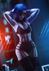 3d abs arms_up blue_hair face_mask female lingerie navel_piercing noahgraphicz overwatch piercing solo standing stockings widowmaker