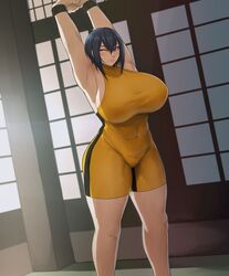 batako big_breasts bracer flexing flexing_arms hourglass_figure huge_breasts thick_thighs training voluptuous