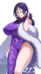 1girls 2021 breasts china_dress fan fate/grand_order fate_(series) female female_focus huge_breasts long_hair looking_at_viewer milf minamoto_no_raikou_(fate/grand_order) neneko113 puffy_nipples purple_dress purple_eyes purple_hair smile