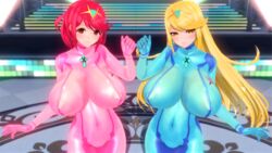 2girls 3d blonde_hair blush com3d2 custom_maid_3d_2 earrings female_only hair_ornament huge_breasts large_breasts long_hair looking_at_viewer mythra pyra red_eyes red_hair short_hair smiling symmetrical_docking xenoblade_chronicles_2 yatanotori yellow_eyes zero_suit