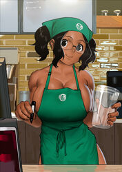 1girls apron apron_only arung_samudra_(cessa) barista big_breasts black_hair breasts cessa cup curvy dark-skinned_female dark_skin female female_focus female_only glasses headband holding_object huge_breasts iced_latte_with_breast_milk looking_at_viewer meme naked naked_apron pen smile smiling smiling_at_viewer solo tagme tied_hair voluptuous