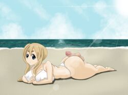 1girls beach big_ass bikini blonde_hair blue_eyes buttjob cataclysmsopor floating_penis k-on! lying_down pale_skin solo thick_eyebrows tsumugi_kotobuki_(k-on!)