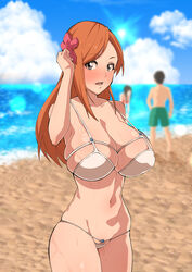 1boy 2girls background_characters bangs big_breasts bikini bleach blurry_background bodily_fluids body_blush breasts brown_hair busty curvaceous curvy curvy_body curvy_female curvy_figure eyebrows_visible_through_hair faceless faceless_female faceless_male female_focus flower flower_in_hair hair_ornament heat huge_breasts inoue_orihime landscape large_breasts light-skinned_female light-skinned_male light_skin long_hair looking_at_viewer midriff multiple_girls nash_(na-si) ocean orange_hair parted_bangs revealing_swimsuit sand slim_waist small_bikini standing sunlight sweat sweating swimsuit water wide_hips