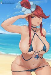 1girls 2021 artist_signature asymmetrical_hair beach bikini bikini_bottom_down blue_bikini blue_eyes blue_sky female female_focus female_only great_ball hair_ornament hips medium_hair micro_bikini nintendo outdoors pokemon pokemon_bw pokemon_bw2 professor_lecherous red_hair skyla_(pokemon) slim_waist tan tan-skinned_female tanned_skin thick_thighs thighs water wide_hips winking