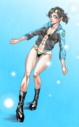 1girls abs aged_up bikini black_hair blue_background blue_eyes blush boots diamond_is_unbreakable fit_female hair_tied jacket jojo's_bizarre_adventure legs lips looking_at_viewer muscular_female nail_polish nails no_pants petite ponytail saradaver shizuka_joestar shizuka_joestar_no_kimyou_na_nichijou short_hair small_breasts sunglasses_on_head swimwear tomboy