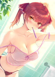 1girls absurdres bangs bare_shoulders blush breasts camisole cleavage collarbone eyebrows_visible_through_hair female female_focus female_only hair_ribbon heterochromia highres hinamo hololive hololive_fantasy hololive_japan houshou_marine indoors lace-trimmed_panties lace_trim large_breasts long_hair looking_at_viewer mouth_hold navel panties red_eyes red_hair red_panties red_ribbon ribbon see-through short_twintails solo solo_female solo_focus strap_slip tile_wall tiles toothbrush toothbrush_in_mouth towel towel_rack twintails underwear underwear_only virtual_youtuber yellow_eyes