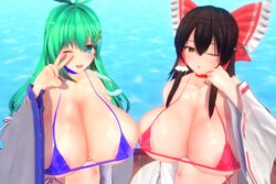 2girls blue_bikini blue_eyes brown_eyes brown_hair com3d2 custom_maid_3d_2 frog_hair_ornament green_hair hair_ribbon huge_breasts large_breasts long_hair multiple_girls red_bikini reimu_hakurei sanae_kochiya shrine_maiden standing touhou v wink yatanotori