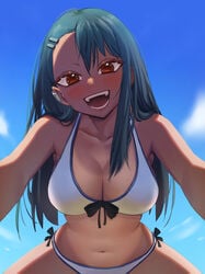 1girls 2021 alternate_breast_size belly_button bikini black_hair blue_sky blush breasts brown_eyes female female_focus female_only gakibaki hayase_nagatoro hips large_breasts long_hair looking_at_viewer open_mouth outdoors please_don't_bully_me,_nagatoro side-tie_bikini slim_waist smile swimsuit tan tan-skinned_female tan_skin thick_thighs thighs white_bikini wide_hips