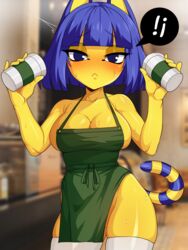 1girls animal_crossing ankha anthro apron ariel_lopez arilopez550 big_breasts blue_eyes breasts eye_contact female iced_latte_with_breast_milk large_breasts looking_at_viewer meme nintendo starbucks sweat tail thick_thighs thighhighs thighs yellow_body