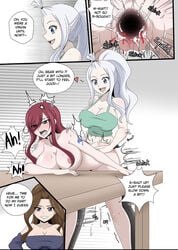 ass bent_over blue_eyes breasts brown_eyes brown_hair cana_alberona comic doggy_style domination erza_scarlet fairy_tail ggc mirajane_strauss naked oppai penetration pussy red_hair rough_sex standing strap-on white_hair yuri