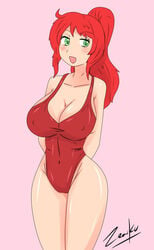 1girls blush female_only green_eyes high_ponytail long_hair patreon_leak ponytail pyrrha_nikos red_hair rwby shiny_hair shiny_skin solo solo_female swimsuit tagme zronku