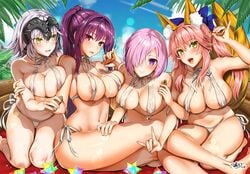 4girls :d alternative_costume animal_ear_fluff animal_ears areola_slip areolae armor bangs bare_legs bare_shoulders beach beach_towel bent_knees bikini bikini_bottom blue_bikini blue_sky blue_swimsuit blush bottle breast_slip breasts clavicle cleavage clothing cloud day eyebrows_visible_through_hair fate/grand_order fate_(series) female fox_girl fox_tail hair_between_eyes hair_over_one_eye hand_on_another's_thigh headpiece holding holding_another's_arm holding_bottle jeanne_d'arc_(alter) jeanne_d'arc_(fate) kitsunemimi kneeling kojima_saya large_breasts legs locked_arms long_hair looking_at_another looking_at_viewer lotion mash_kyrielight multiple_girls navel ocean open-mouth_smile open_mouth outdoors palm_tree pantsu pink_hair pouring purple_eyes purple_hair red_eyes scathach_(fate) seiza shiny shiny_skin short_hair side-tie_panties sideways_glance silver_hair sitting sky sling_bikini_top smile sparkle stomach sunscreen swimsuit tail tamamo_no_mae_(fate) thighs tree uncompressed_file underwear very_long_hair wardrobe_malfunction white_bikini white_hair white_swimsuit yellow_eyes