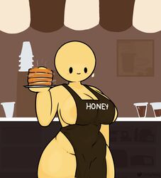 1girls 2d anthro anthrofied apron areola areolae background bare_shoulders big_breasts black_eyes black_outline blush blushing breasts cafe clothed clothes clothing cute emoji emoji_(race) english_text female female_only freckles hips holding holding_food holding_object huge_breasts humanoid large_breasts looking_at_viewer magthender nipples_visible_through_clothing pancakes plate smile smiling_at_viewer solo solo_female text thick thick_thighs thighs wholesome wide_hips yellow_body