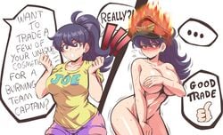 ! !! ... 1girls 2021 2koma :< :o absurd_res before_and_after black_hair blush breasts brown_hair burning burning_clothes burning_flames_team_captain cap cleavage clothed clothes_writing clothing comic covering covering_breasts covering_crotch dialogue earrings embarrassed english_text eyebrows_visible_through_hair female female_only fire flying_sweatdrops hair_between_eyes hat highres humor jewelry large_breasts leaning_forward lewdamone long_hair long_ponytail looking_away navel nude offscreen_character original peaked_cap ponytail shirt shorts simple_background solo spoken_ellipsis standing sweat sweatdrop sweating sweating_profusely team_fortress_2 text thighs thumbs_up tied_hair tina_(tinafate1) trembling w_arms white_background