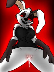 4n0nym0u5 anthro black_background black_dress bodily_fluids body_fluids breasts bunny_ears bunny_girl cute dress dress_lift excited five_nights_at_freddy's five_nights_at_freddy's:_security_breach furry horny looking_at_viewer no_panties pussy rabbit red_eyes self_upload smile solo standing thick_thighs touching_thigh vanny vanny_(fnaf) viewed_from_below wet white_body